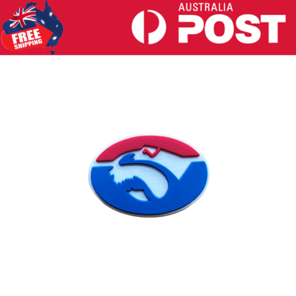 Logo of a shark and fishing hook in blue and red colors, suitable for fishing accessories or apparel.