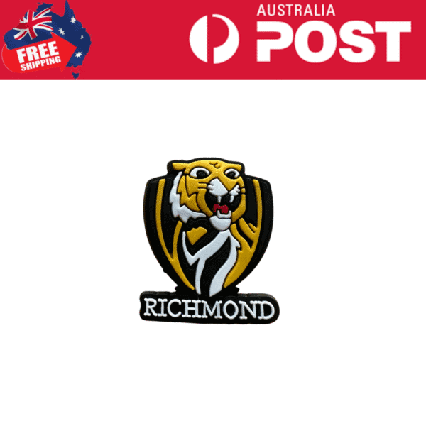 Bright yellow and black Richmond Tigers logo enamel pin, perfect for AFL fans and sports enthusiasts.