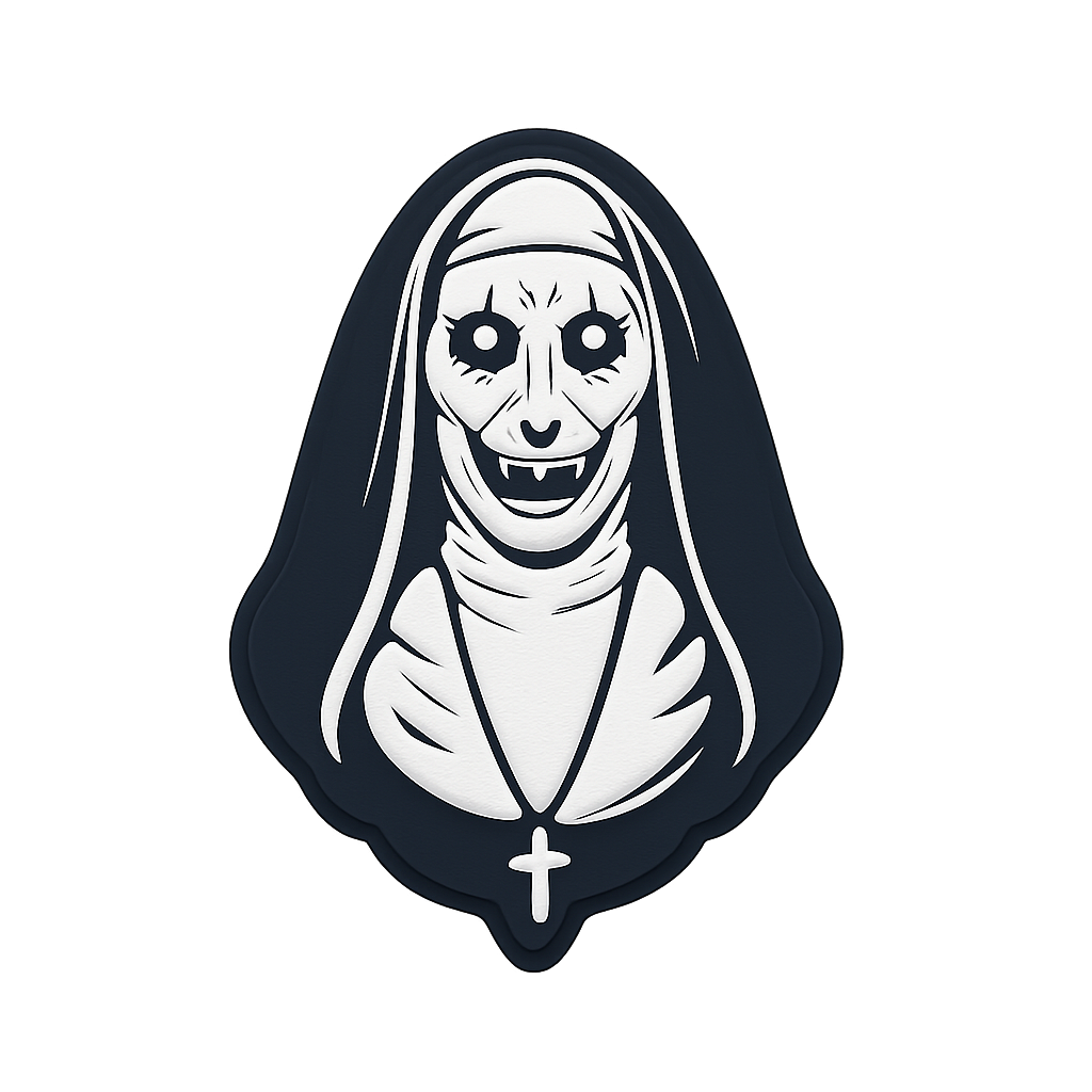 Front view of a spooky ghost nun sticker with Halloween theme for kids and adults.