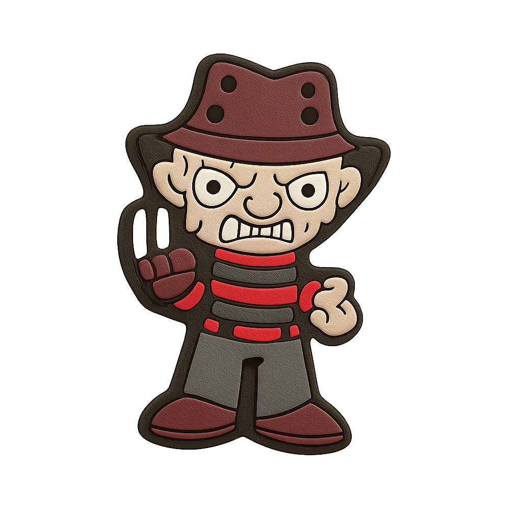 Manga character cookie in red and black striped outfit, wears fedora, making peace sign.