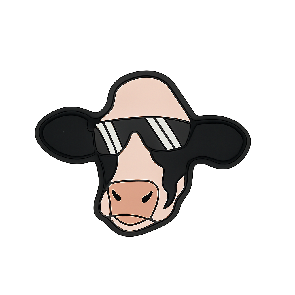 Cute cow pin wearing sunglasses, trendy accessory for fashion and animal lovers.