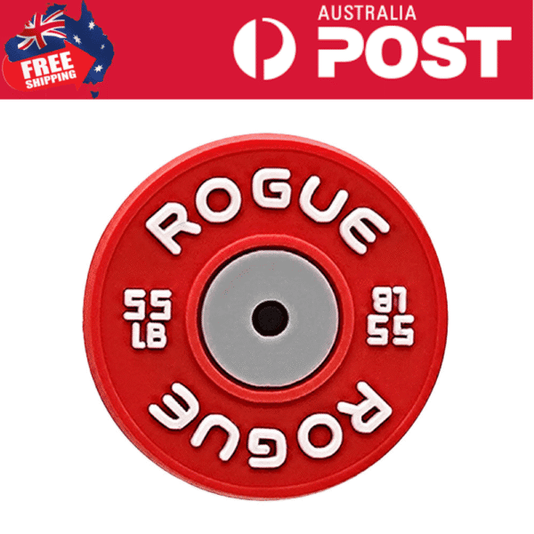 Rogue fitness bumper plate with weight labels for cross-training and strength training.