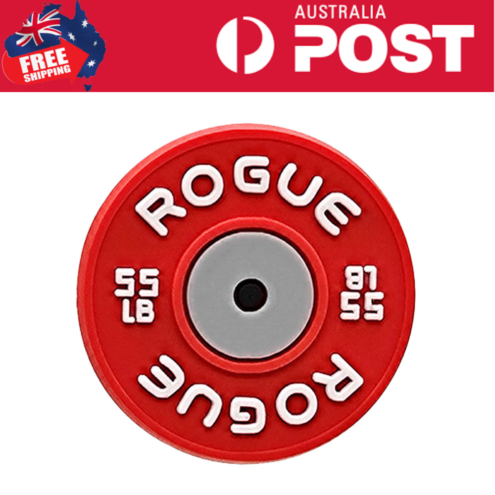 Rogue fitness bumper plate with weight labels for cross-training and strength training.