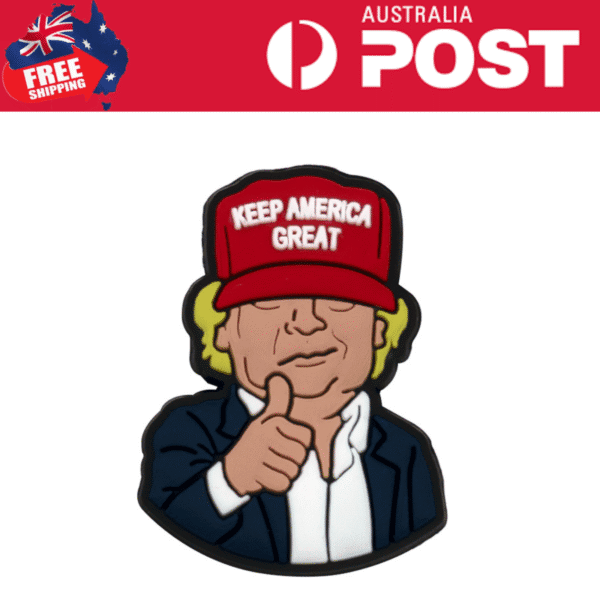 Keep America Great hat pin with Trump illustration, political merch, patriotic accessory.