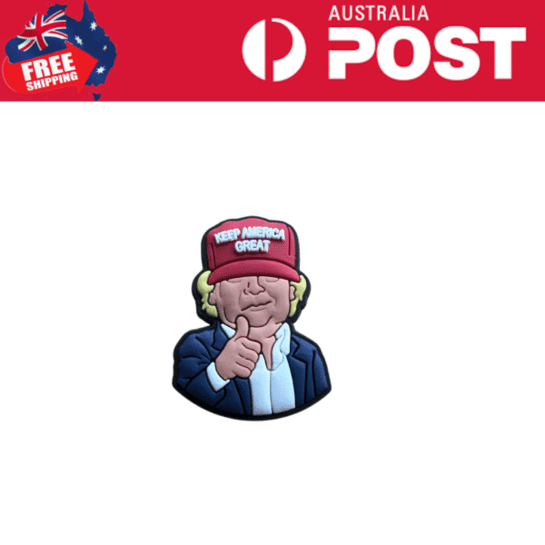Colorful cartoon clip of Donald Trump wearing a "Keep America Great" hat, symbolizing political support and patriotism.