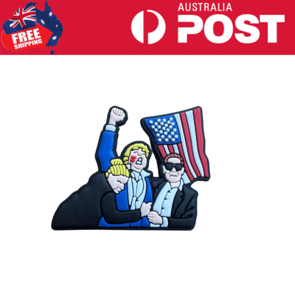 Colorful enamel pin featuring characters with American flags, patriotic symbols, and bold political expressions.