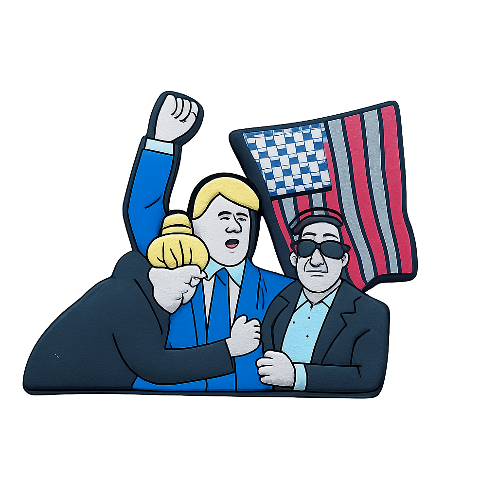 Colorful enamel pin featuring characters with American flags, patriotic symbols, and bold political expressions.