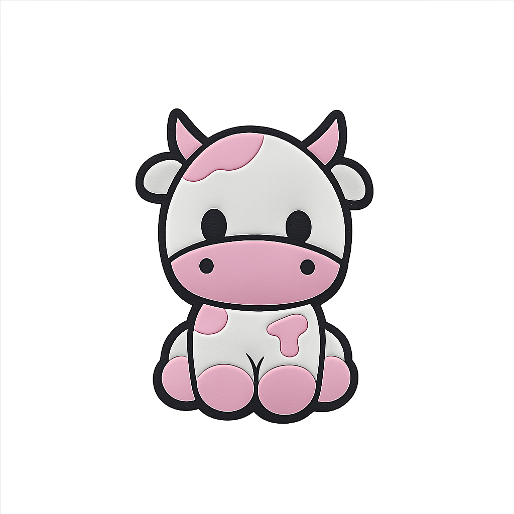 Adorable cartoon cow pin with pastel pink and white colors, perfect for animal lovers and accessories.