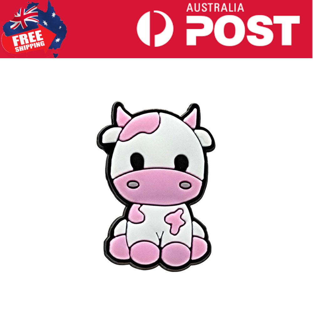 Adorable cartoon cow pin with pastel pink and white colors, perfect for animal lovers and accessories.