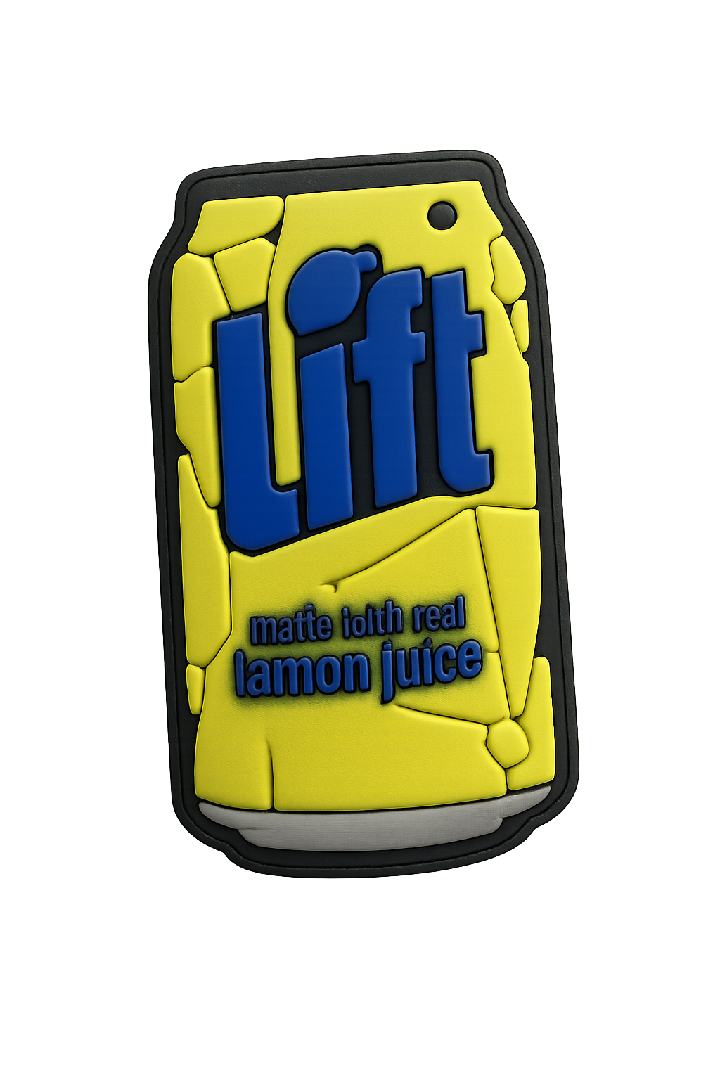 Lemon juice can cooler with bright yellow and blue design, made with real lemon juice, promoting freshness.
