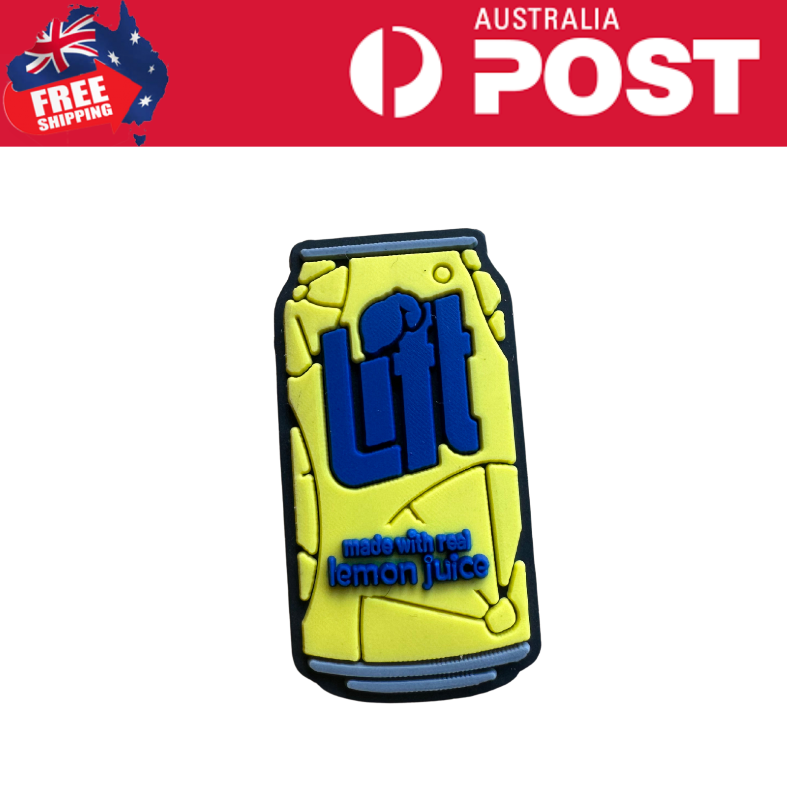 Lemon juice can cooler with bright yellow and blue design, made with real lemon juice, promoting freshness.