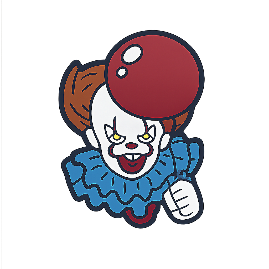 Clown pin with red nose and blue ruffled collar, Halloween creepy clown lapel pin, spooky circus costume accessory.