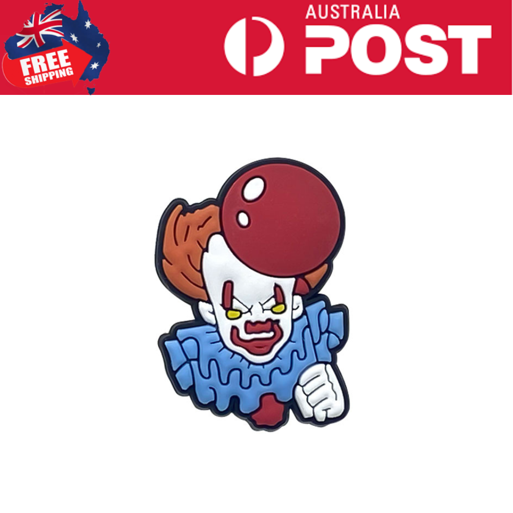 Clown pin with red nose and blue ruffled collar, Halloween creepy clown lapel pin, spooky circus costume accessory.