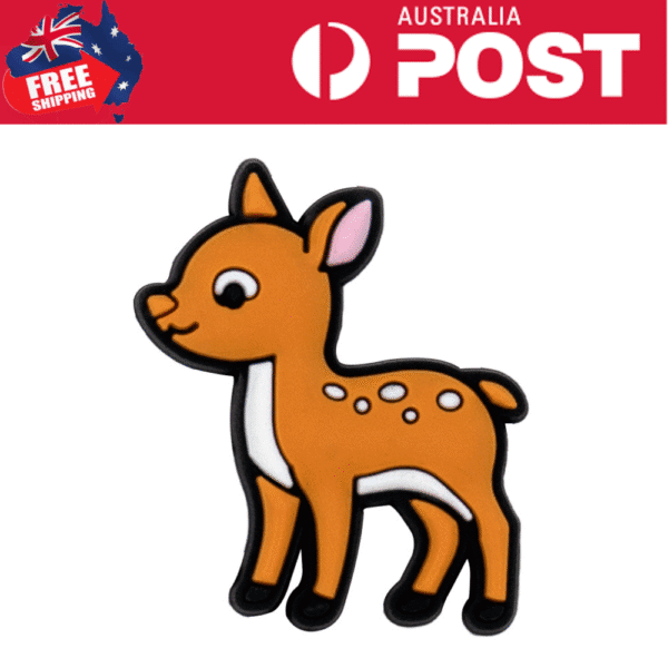 Cute cartoon deer rubber patch with orange fur and white spots, perfect for kids' clothing and accessories.