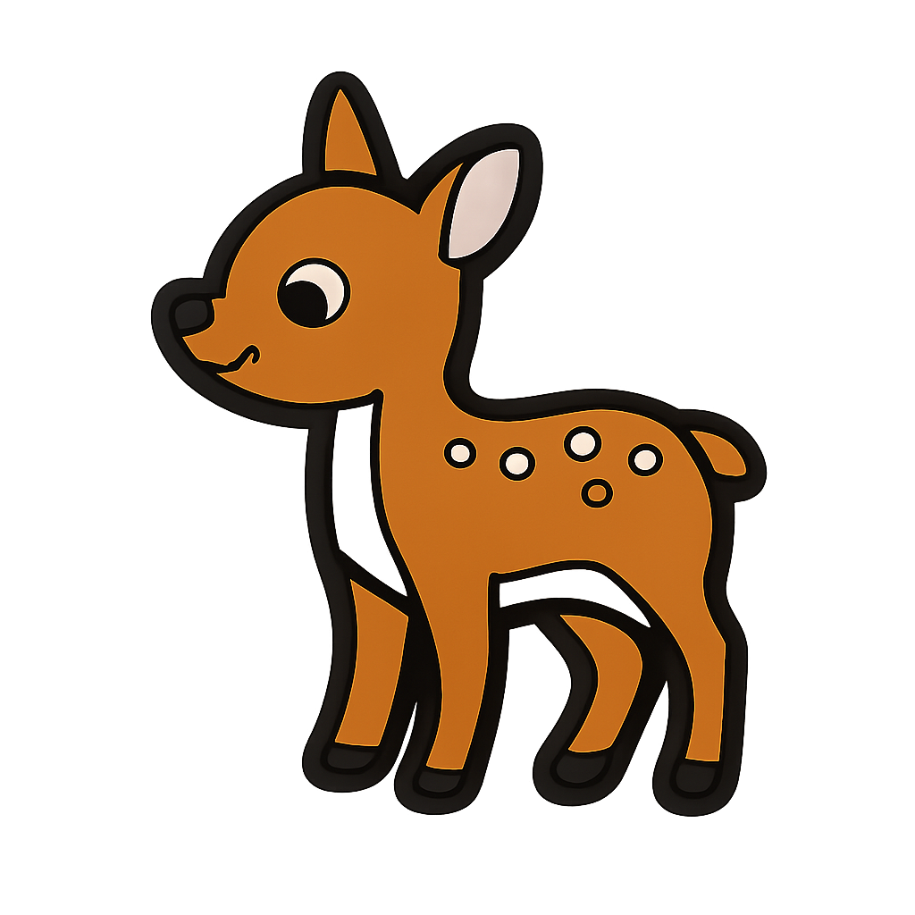 Cute cartoon deer rubber patch with orange fur and white spots, perfect for kids' clothing and accessories.