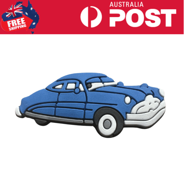 Blue car shaped cookie, novelty baked good, fun vehicle-themed treat for kids and parties.