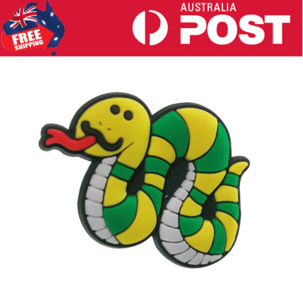 Cute snake enamel pin with green and yellow stripes, perfect for clothing and accessories.