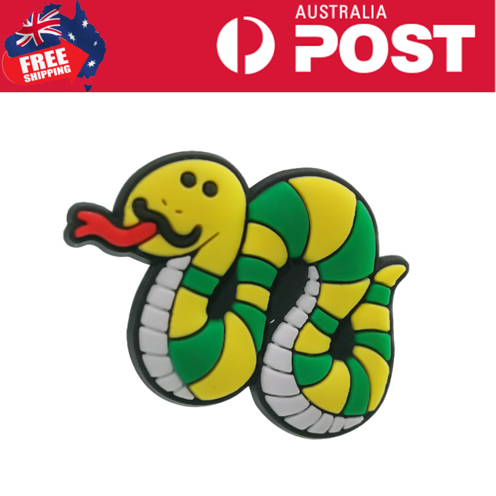 Cute snake enamel pin with green and yellow stripes, perfect for clothing and accessories.