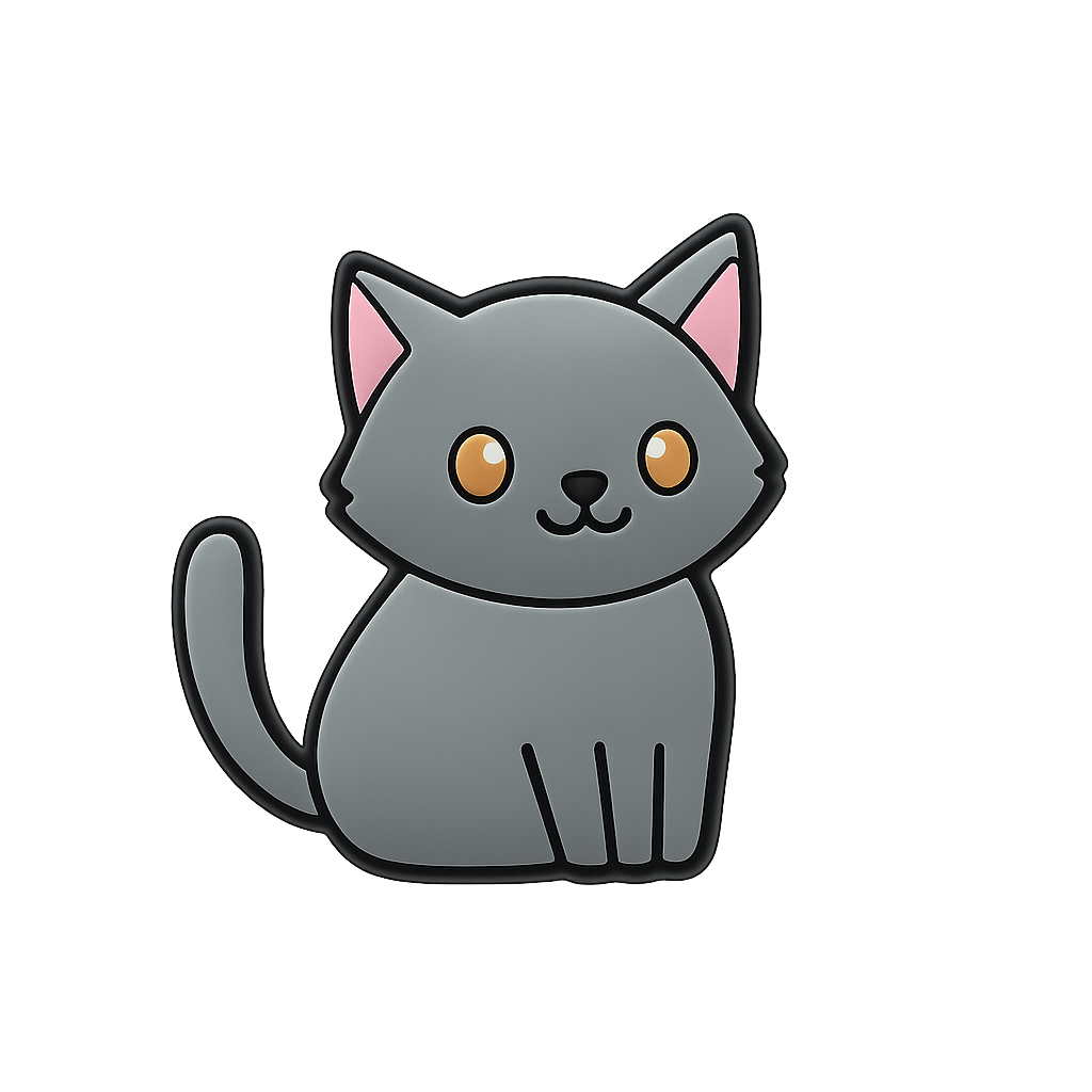 Cute gray cartoon cat enamel pin with orange eyes and pink inner ears, perfect for animal lovers.