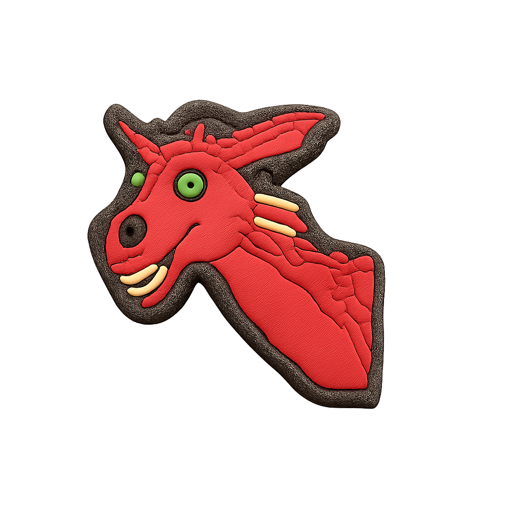 Colorful red dragon embroidered patch with green eyes, based on DreamWorks' Shrek character.