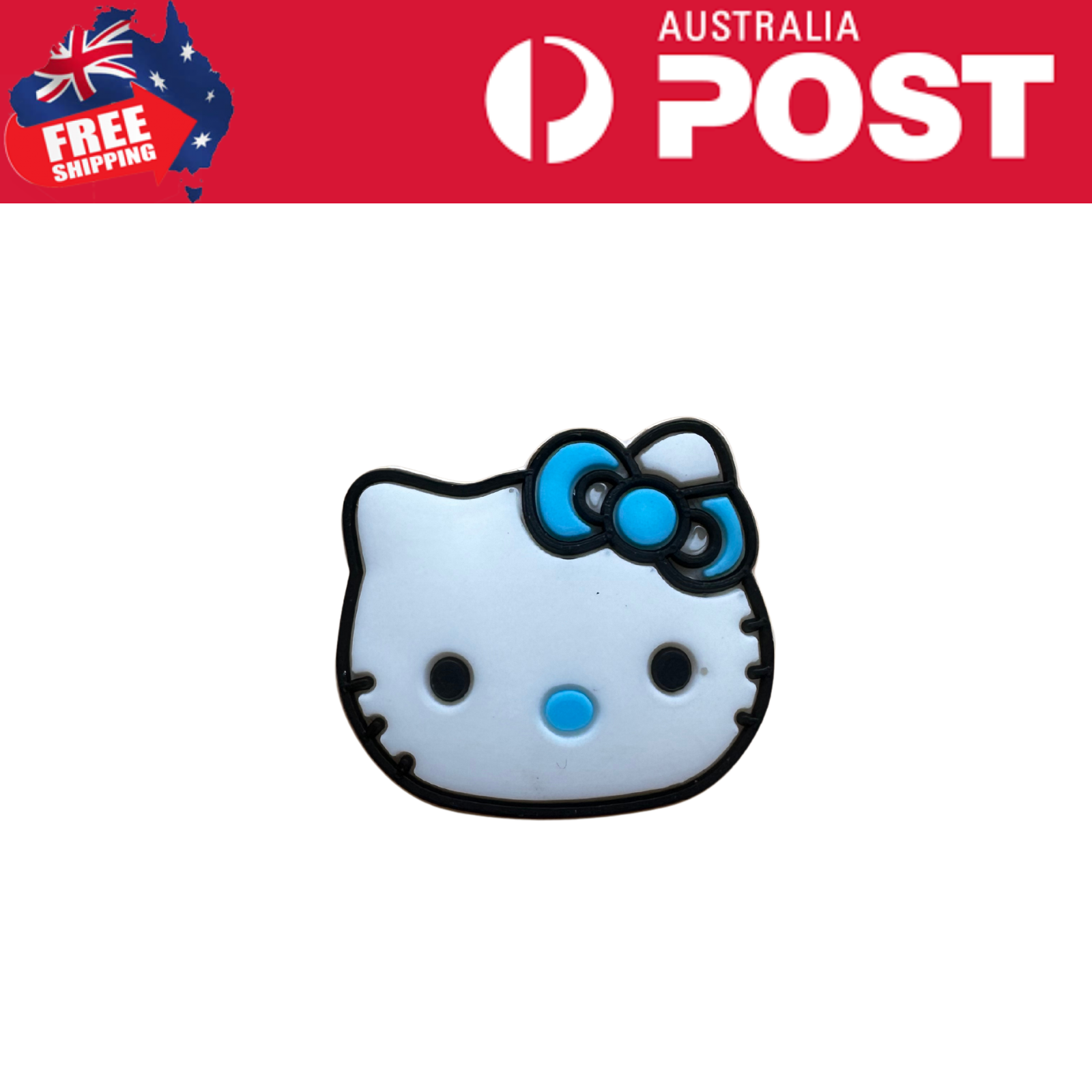 Cute Hello Kitty enamel pin with blue bow and accents, perfect for fashion and accessories.
