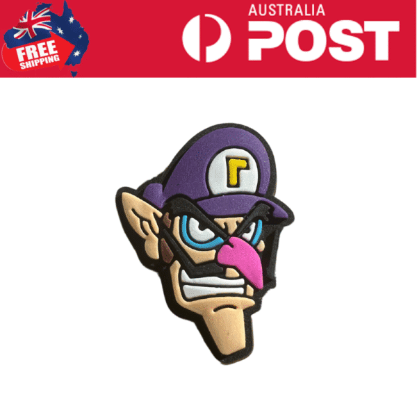 Purple Luigi cartoon pin badge, Nintendo character, Super Mario Game collectible, gamer accessory.