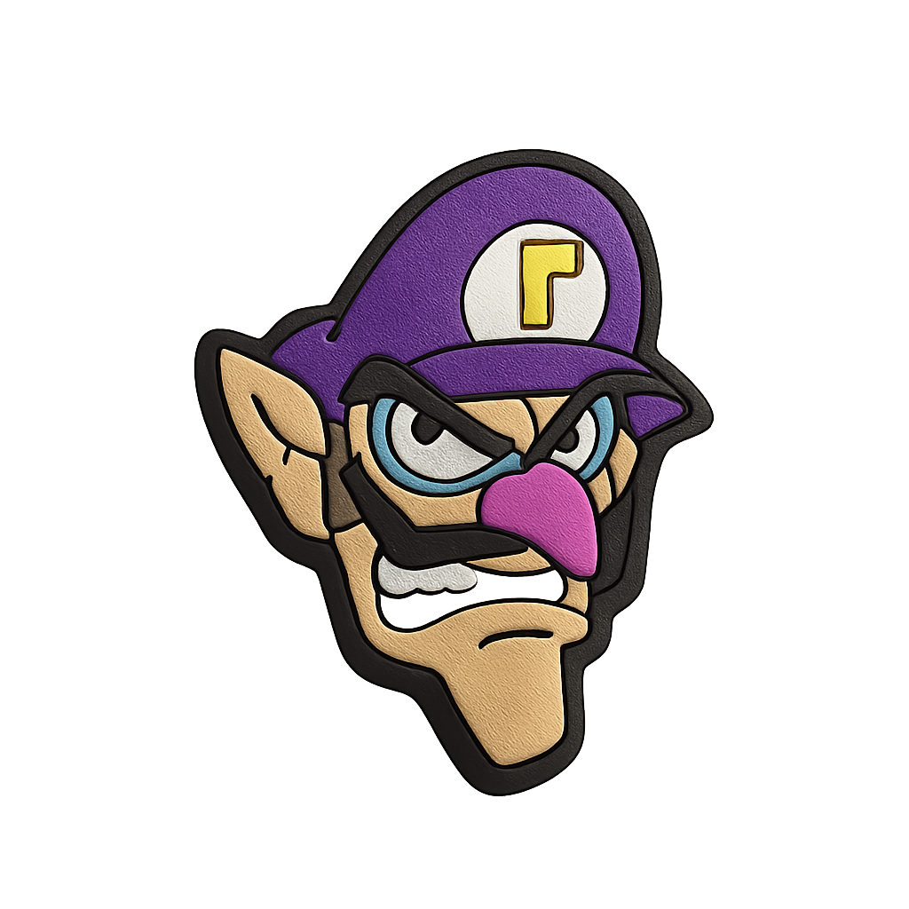 Purple Luigi cartoon pin badge, Nintendo character, Super Mario Game collectible, gamer accessory.