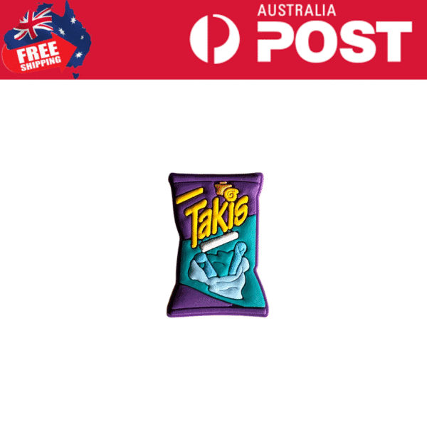 Colorful Takis snack enamel pin, purple and teal design, fun snack accessory for fans, Mr. Charms Australia.