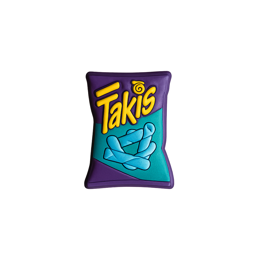 Colorful Takis snack enamel pin, purple and teal design, fun snack accessory for fans, Mr. Charms Australia.