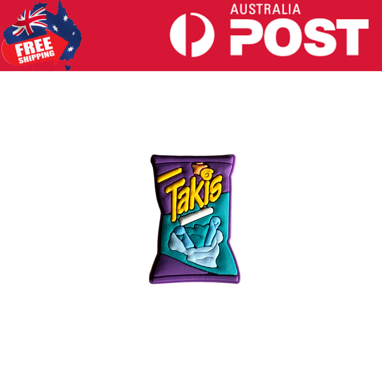 Colorful Takis snack enamel pin, purple and teal design, fun snack accessory for fans, Mr. Charms Australia.