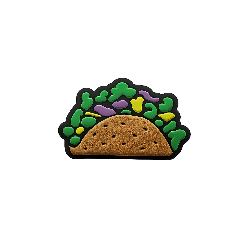 Colorful taco-shaped enamel pin, ideal for food-themed accessories and collectibles.