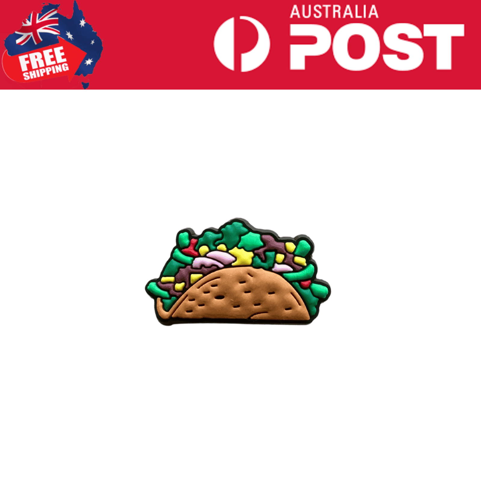 Colorful taco-shaped enamel pin, ideal for food-themed accessories and collectibles.