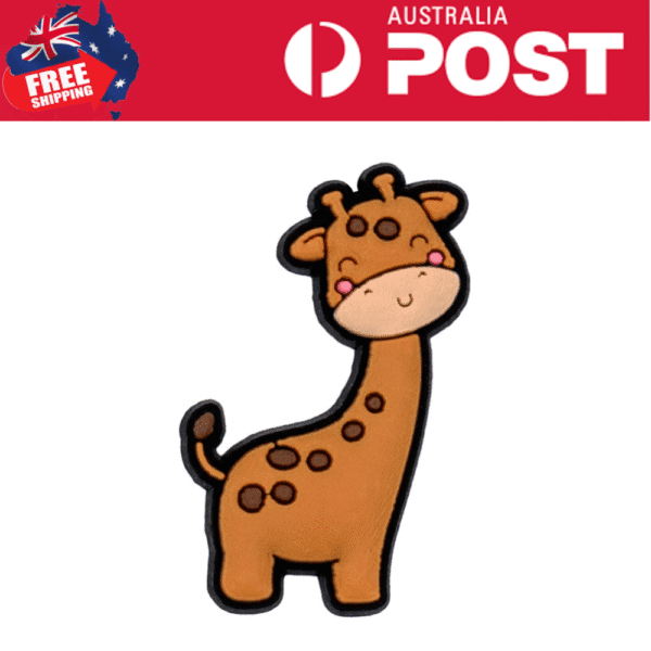 Cute giraffe cookie with cartoon style, pink cheeks, and brown spots for children’s snacks and party favors.