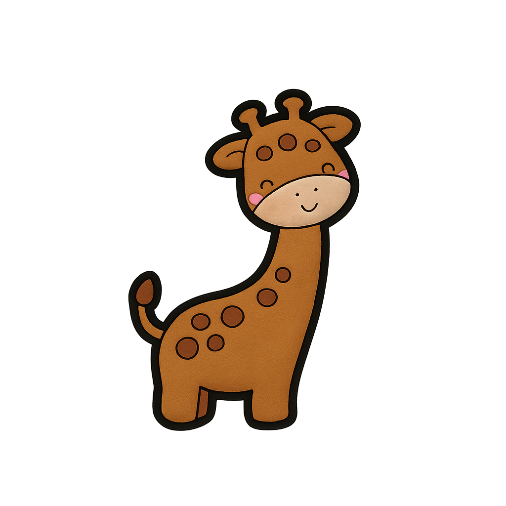 Cute giraffe cookie with cartoon style, pink cheeks, and brown spots for children’s snacks and party favors.