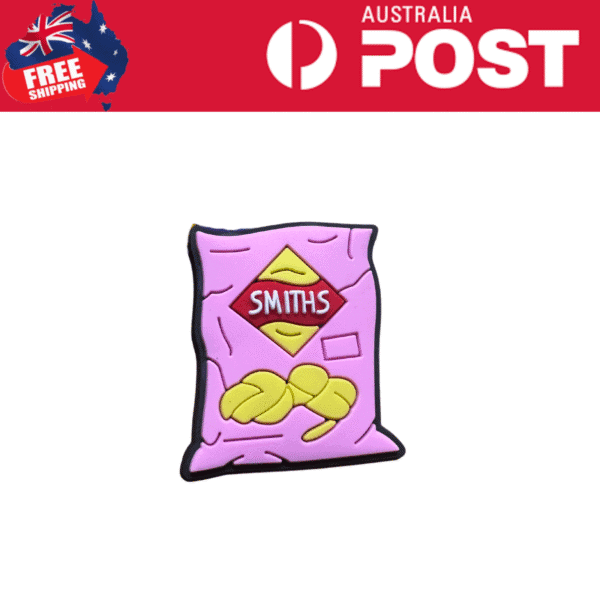 Colorful enamel pin of Smiths snack bag with yellow chips on pink background, decorative jewelry accessory, fun collectible gift.
