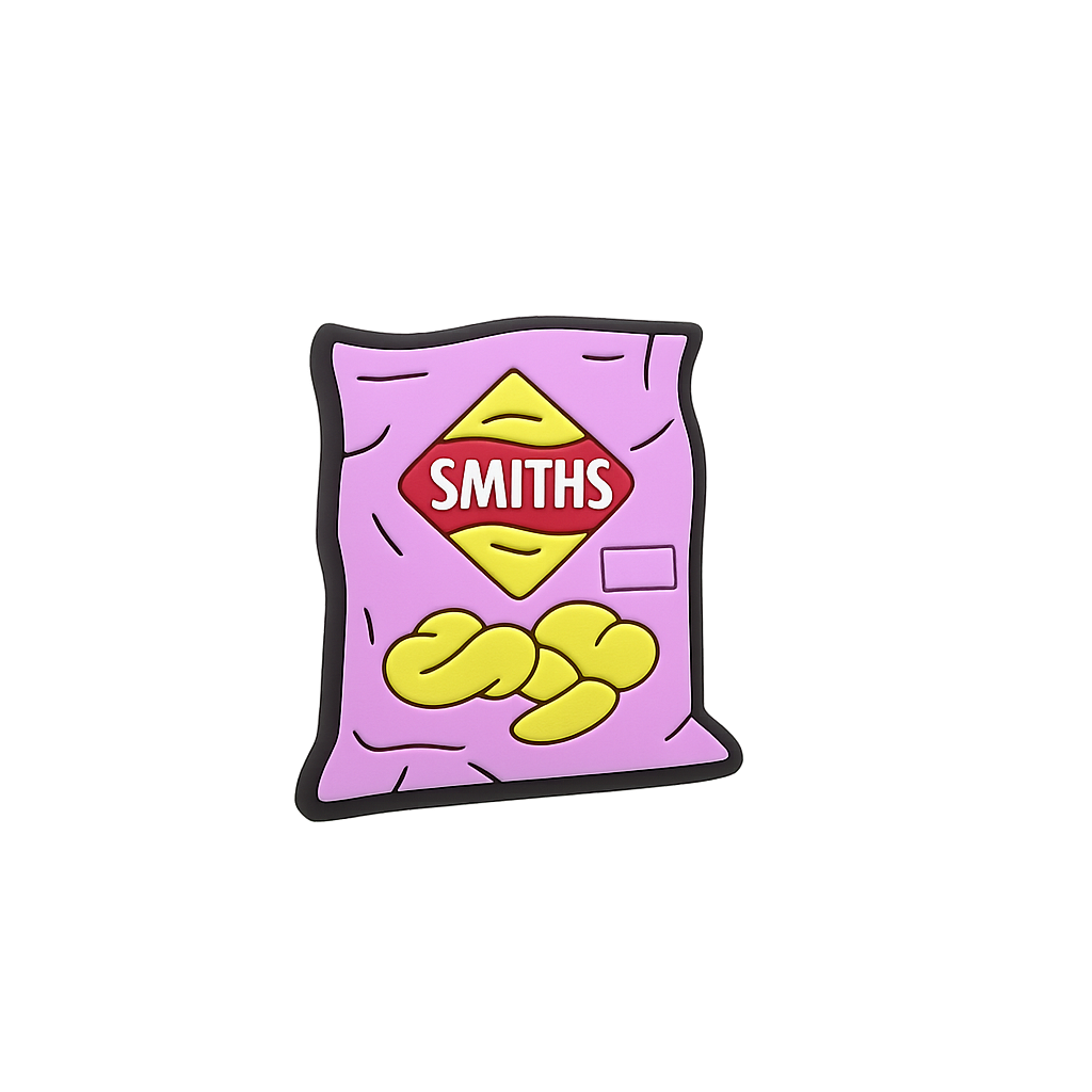 Colorful enamel pin of Smiths snack bag with yellow chips on pink background, decorative jewelry accessory, fun collectible gift.