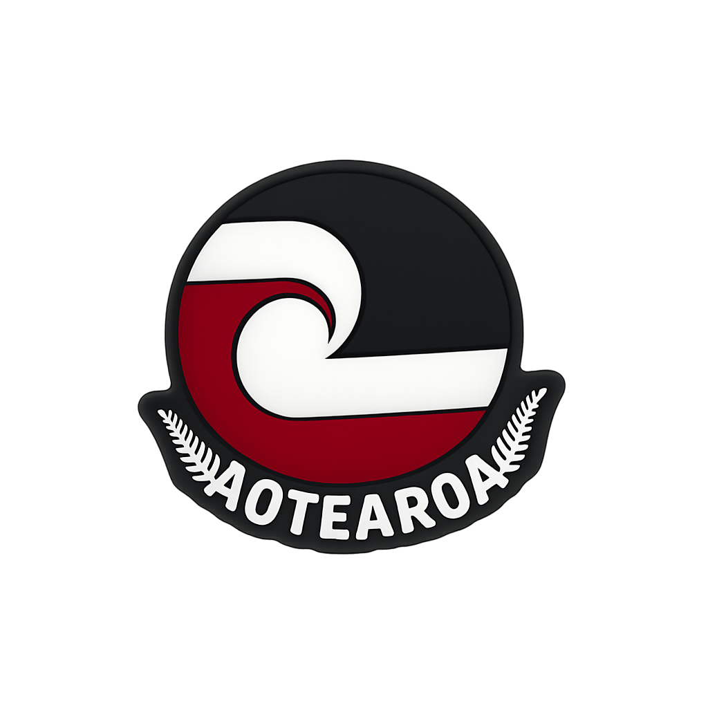 Red, black, and white Katoaeroak logo patch with laurel wreath design.