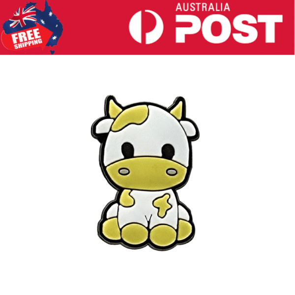 Cute cartoon cow pin with white and yellow spots, adorable and playful accessory, perfect for animal lovers and cow enthusiasts.