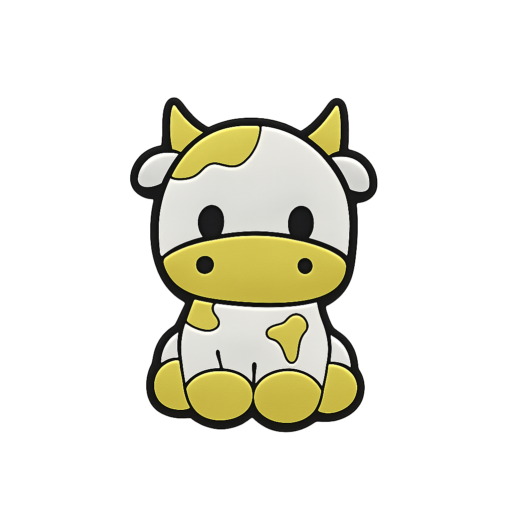 Cute cartoon cow pin with white and yellow spots, adorable and playful accessory, perfect for animal lovers and cow enthusiasts.