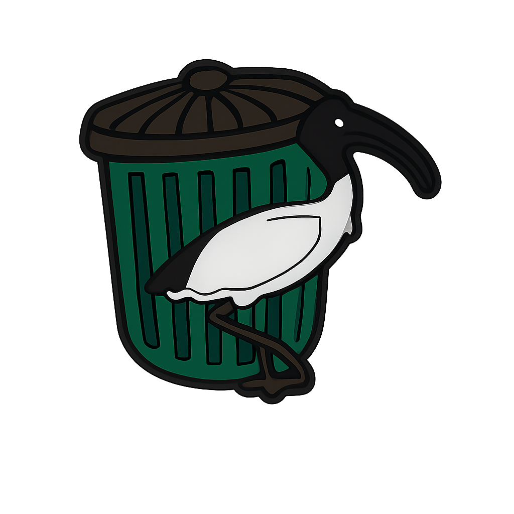 Enamel pin of a white heron standing in a green trash can with a brown lid, eco-friendly and bird-themed accessory.