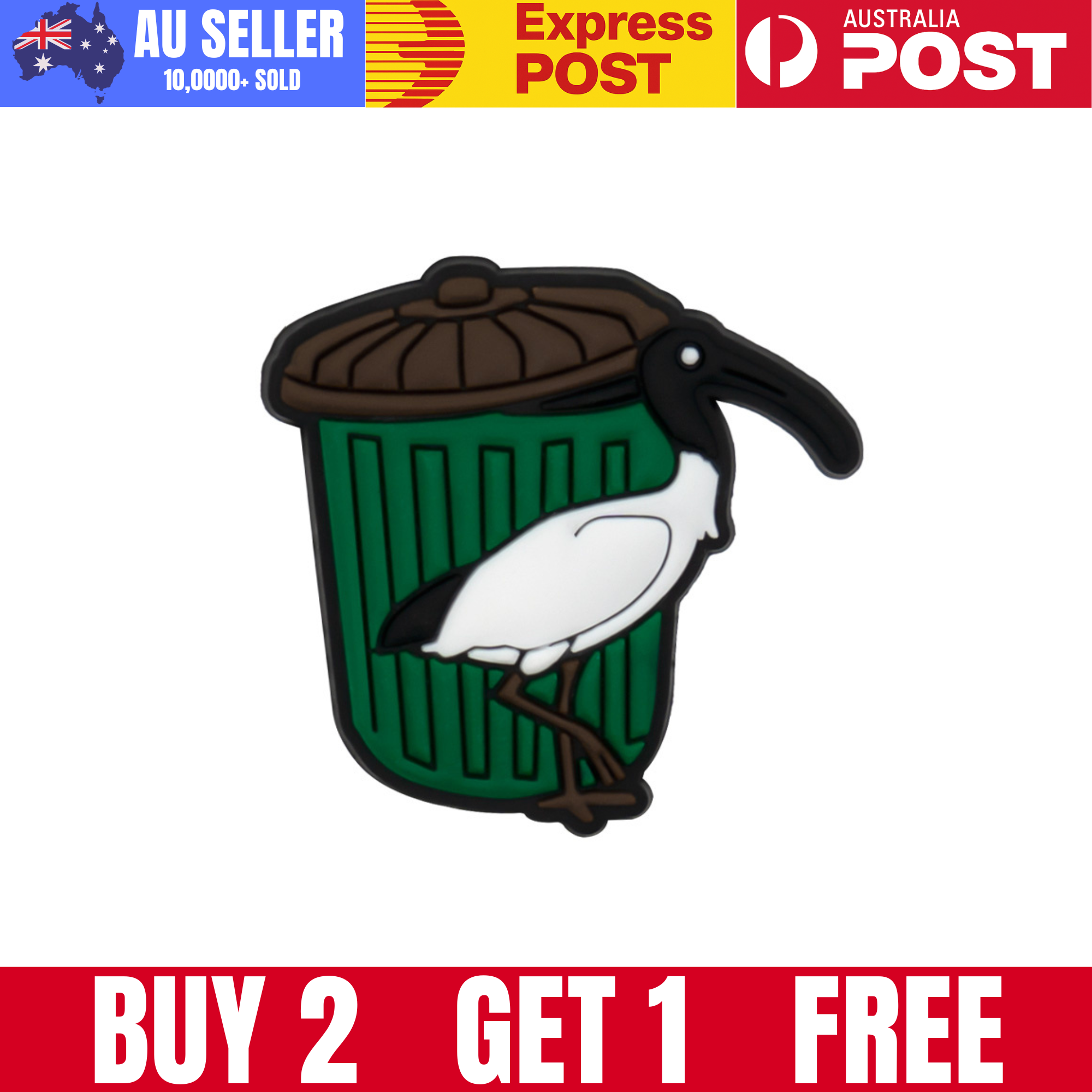 Enamel pin of a white heron standing in a green trash can with a brown lid, eco-friendly and bird-themed accessory.