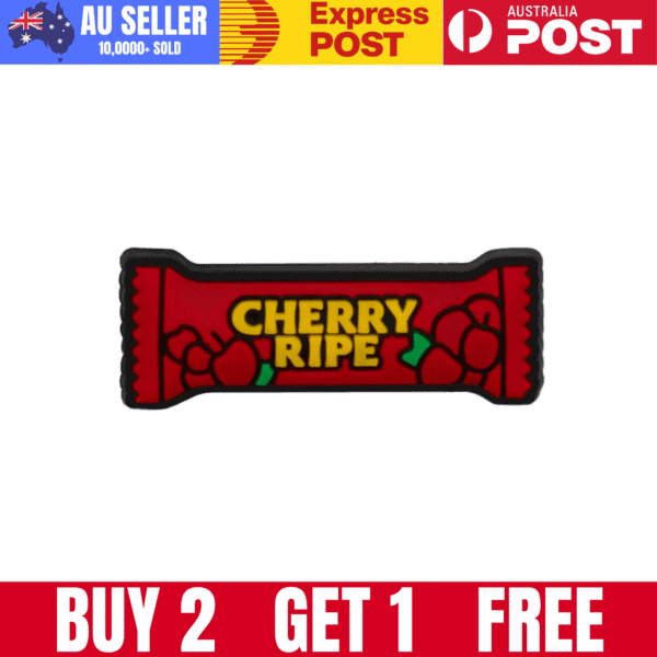 Cherry ripe candy bar logo, red packaging with cherries illustration.