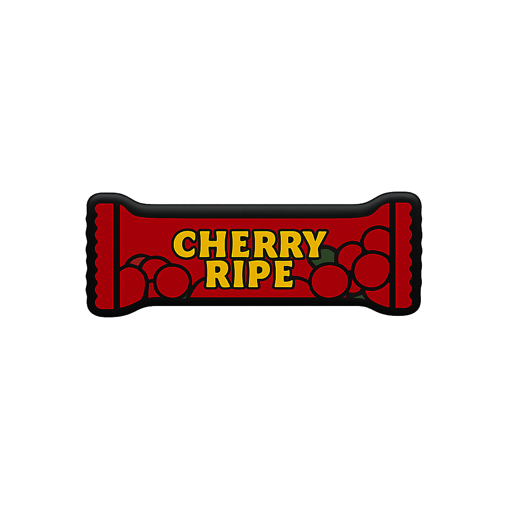 Cherry ripe candy bar logo, red packaging with cherries illustration.