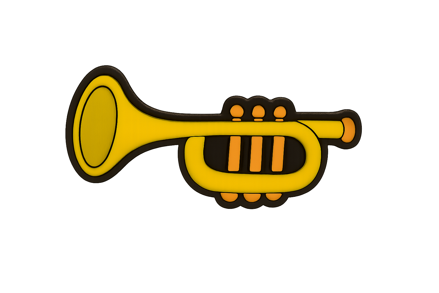 Yellow trumpet-shaped enamel pin with black outline and orange details, perfect for music lovers.