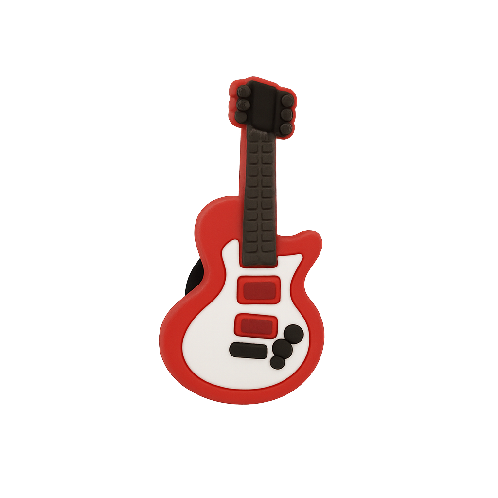 Colorful toy guitar USB flash drive for kids or music lovers, with a red, black, and white design.