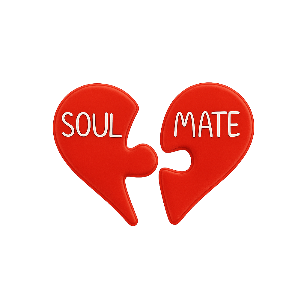 Broken heart-shaped puzzle piece with "SOUL" and "MATE" text, symbolizing love and relationships.