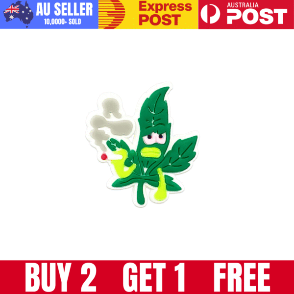 Bright green cannabis leaf character sticker with a smoking pipe, cartoon style, for stoner-themed accessories.