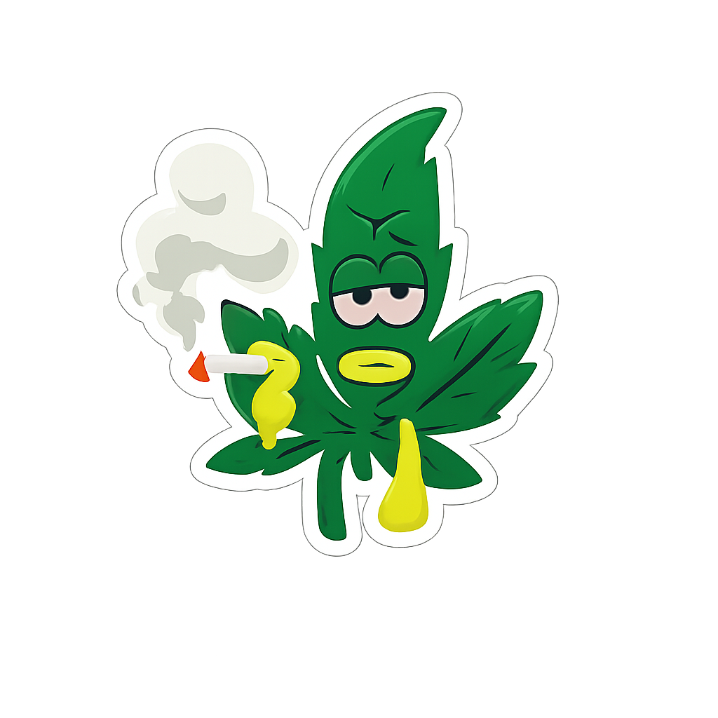 Bright green cannabis leaf character sticker with a smoking pipe, cartoon style, for stoner-themed accessories.