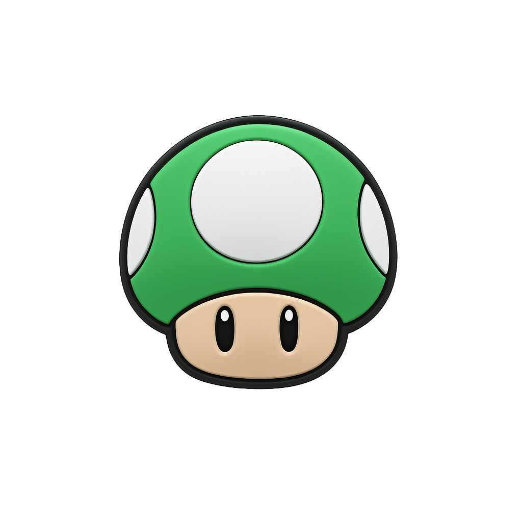 Bright green Super Mushroom pin from Mario, perfect for gaming fans and collectors.