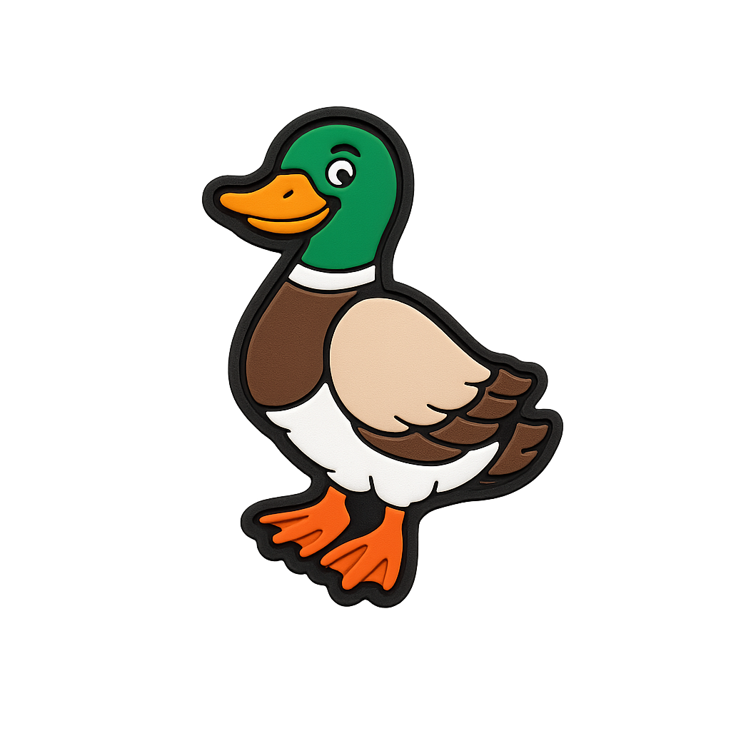 Cute cartoon duck character pin for collectible jewelry or accessories, vibrant and playful design.